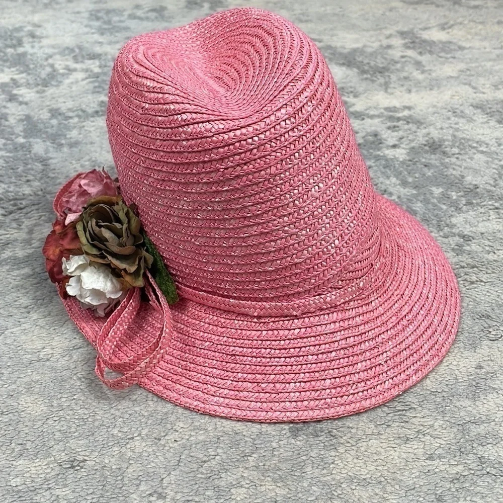Giovannio Florence New York Pink Straw Floral Hat Spring Summer Church Derby